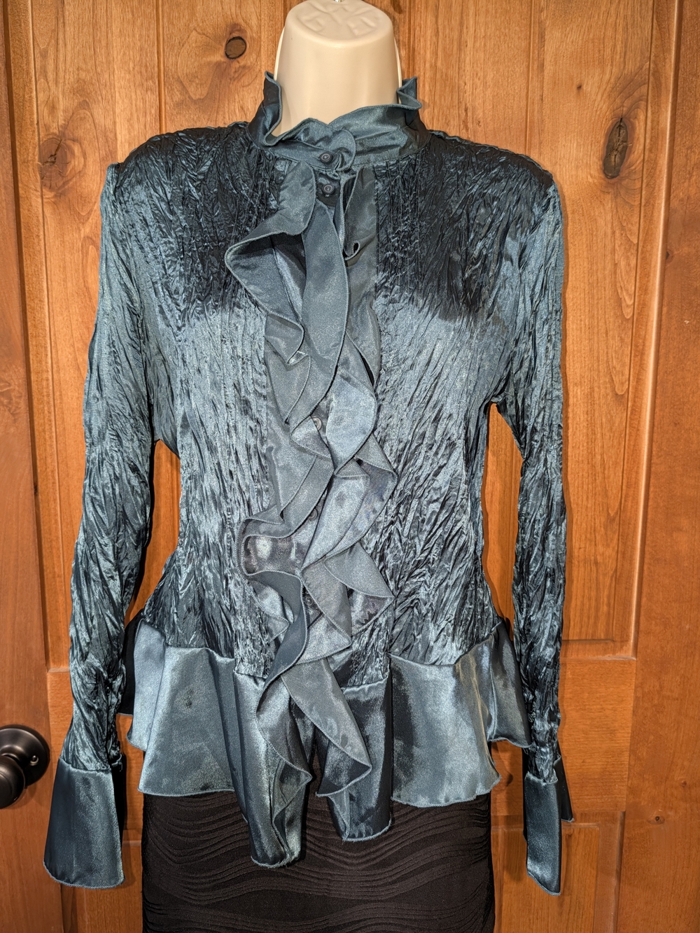 Sunny Taylor Teal Ruffled Satin-Trim Long Sleeve Blouse